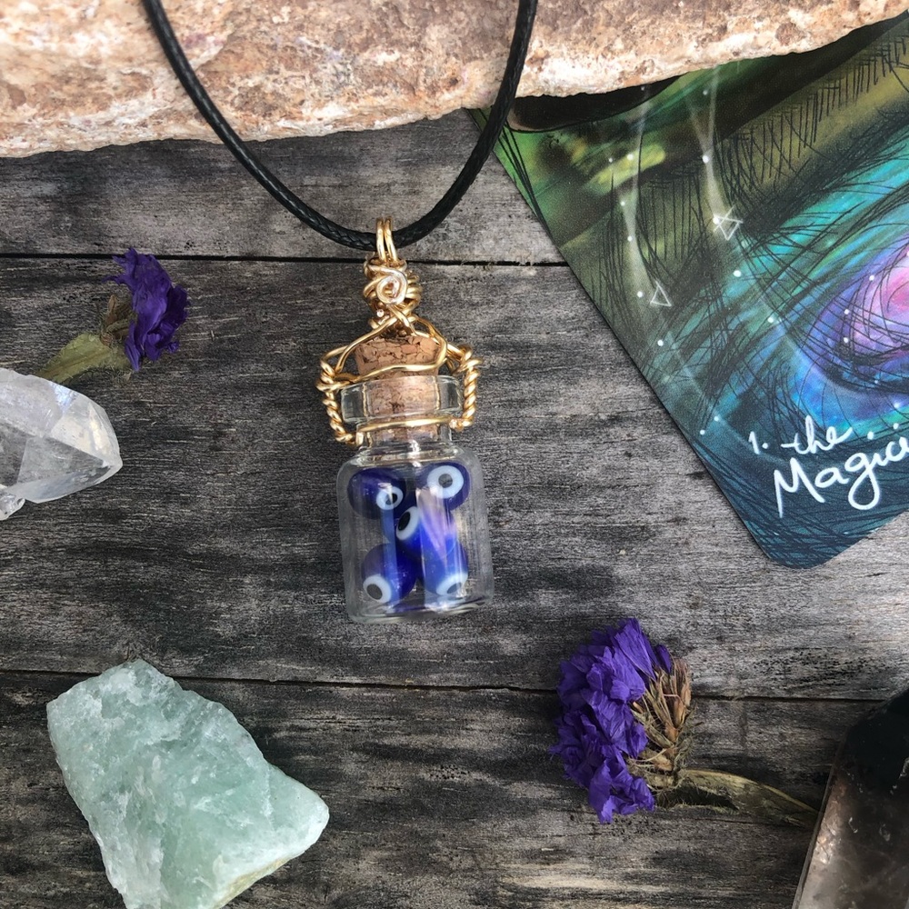 Evil Eye Protection Bottle Necklace Wire Wrapped - in Gold Wire